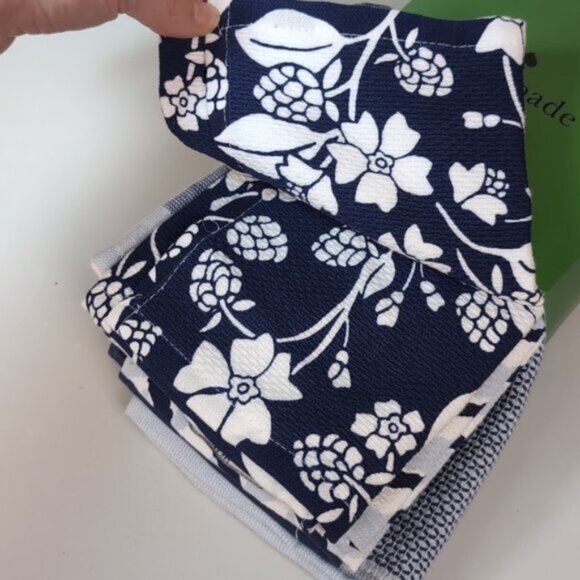 NEW Kate Spade Kitchen Towel Set 5 Pairs Printed Dish Towels Floral Plaid Blue - Picture 3 of 11